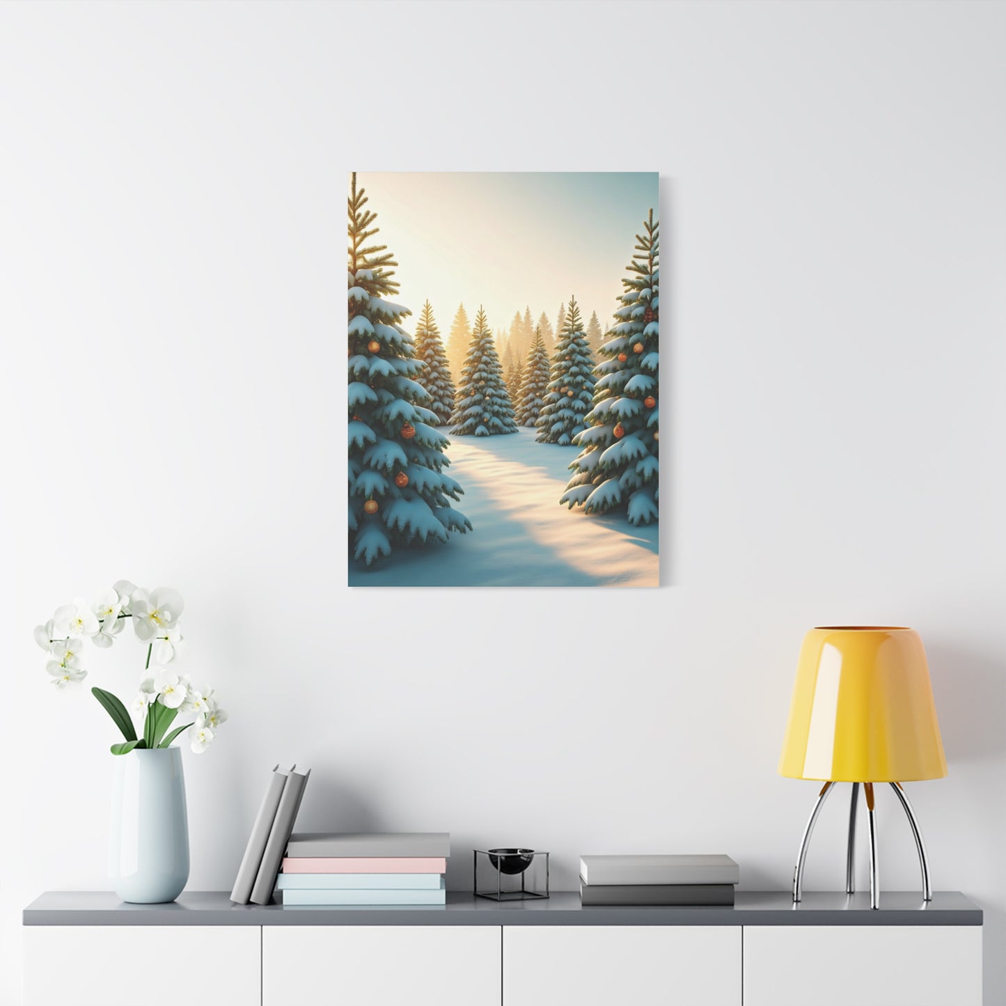 Snow Covered Christmas Tree Forest Under Winter Light Wall Art & Canvas Print