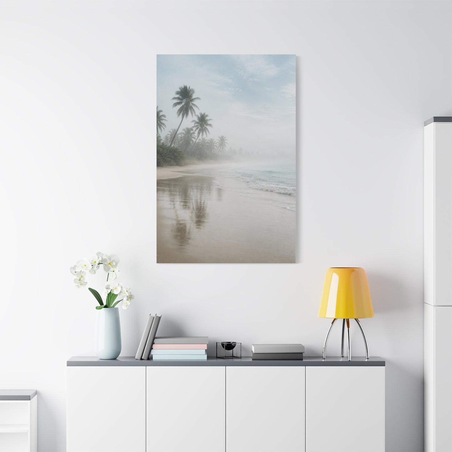 Misty Coastal Palm Shoreline Minimal Tropical Wall Art & Canvas Print