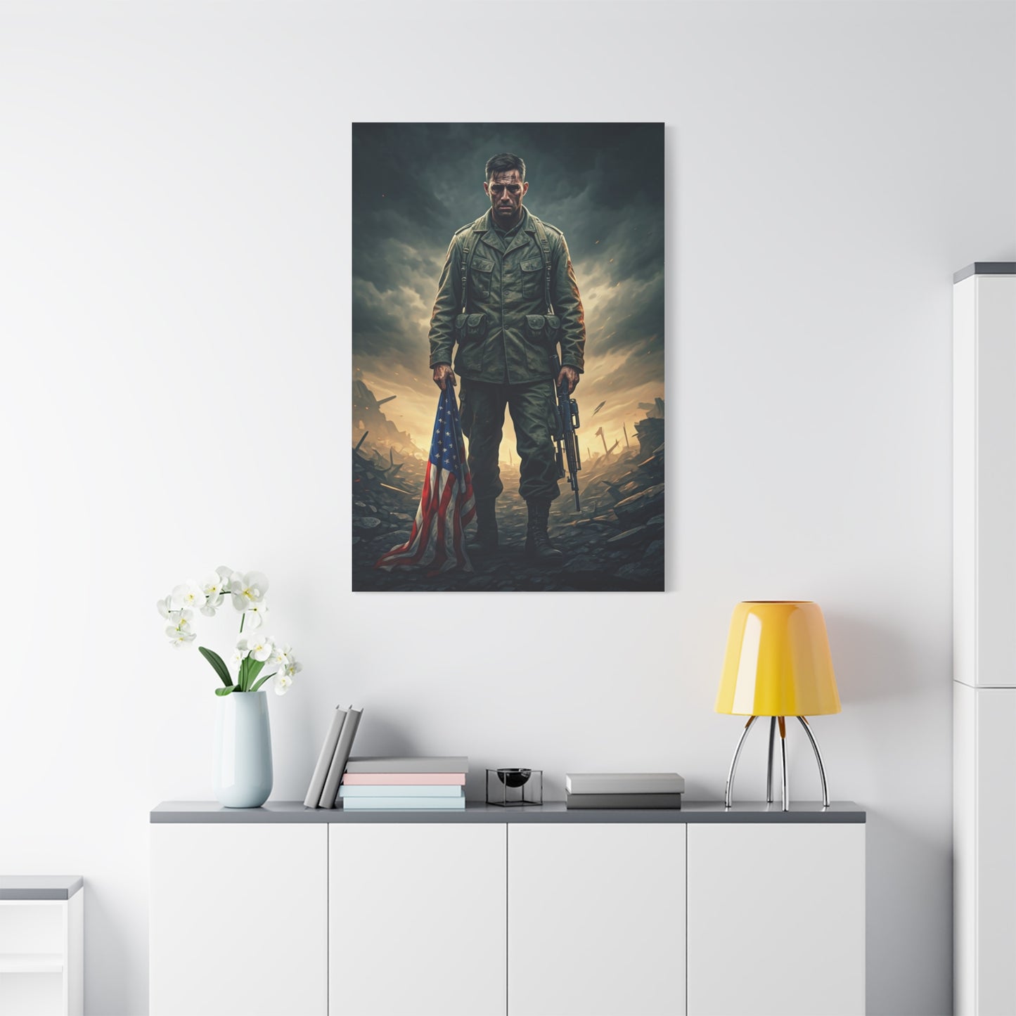 Soldier Standing With Flag of Courage Wall Art & Canvas Prints