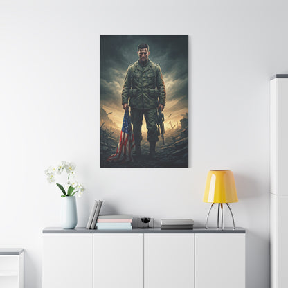Soldier Standing With Flag of Courage Wall Art & Canvas Prints