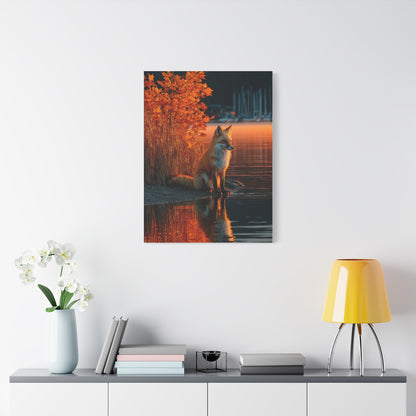 Autumn Lakeside Fox Reflection Wall Art & Canvas Print