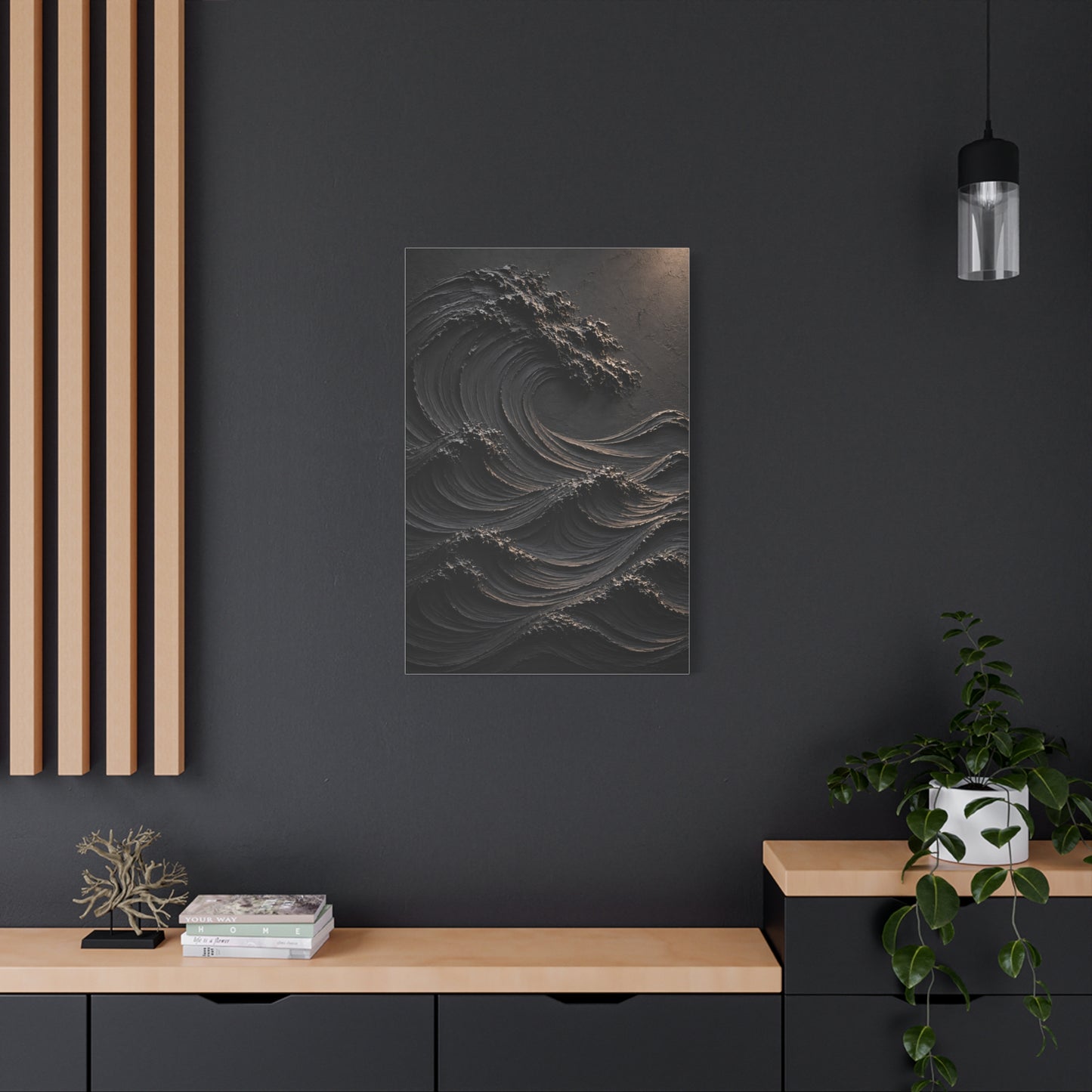 Matte Black Sculptural Ocean Motion Wall Art & Canvas Print