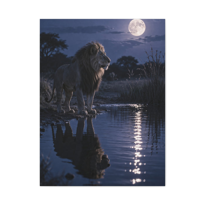 Lion by Moonlit Water Reflection Wall Art & Canvas Print