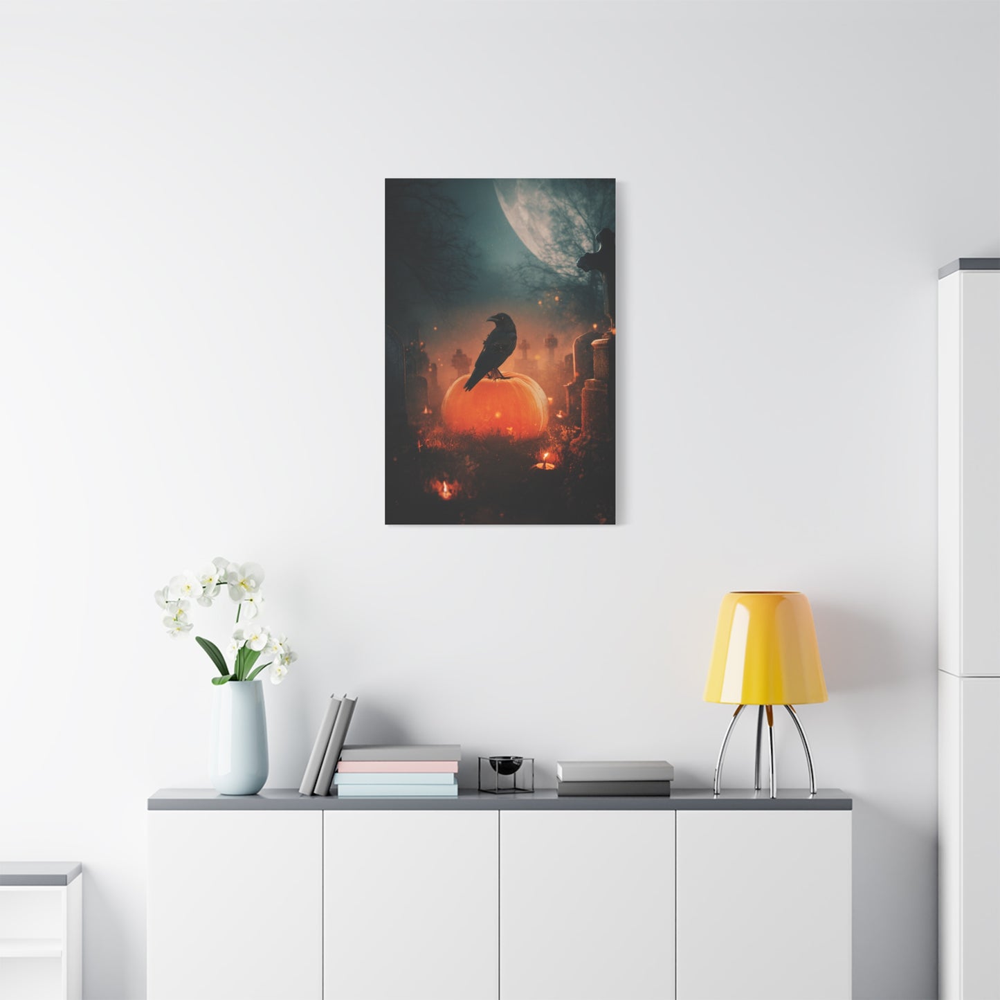 Crow on Pumpkin in Moonlit Graveyard Wall Art & Canvas Print