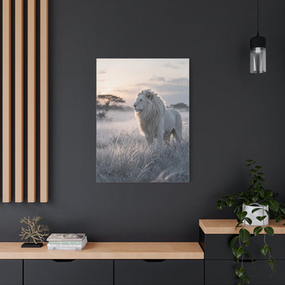 White Lion in Misty Savanna Dawn Wall Art & Canvas Print