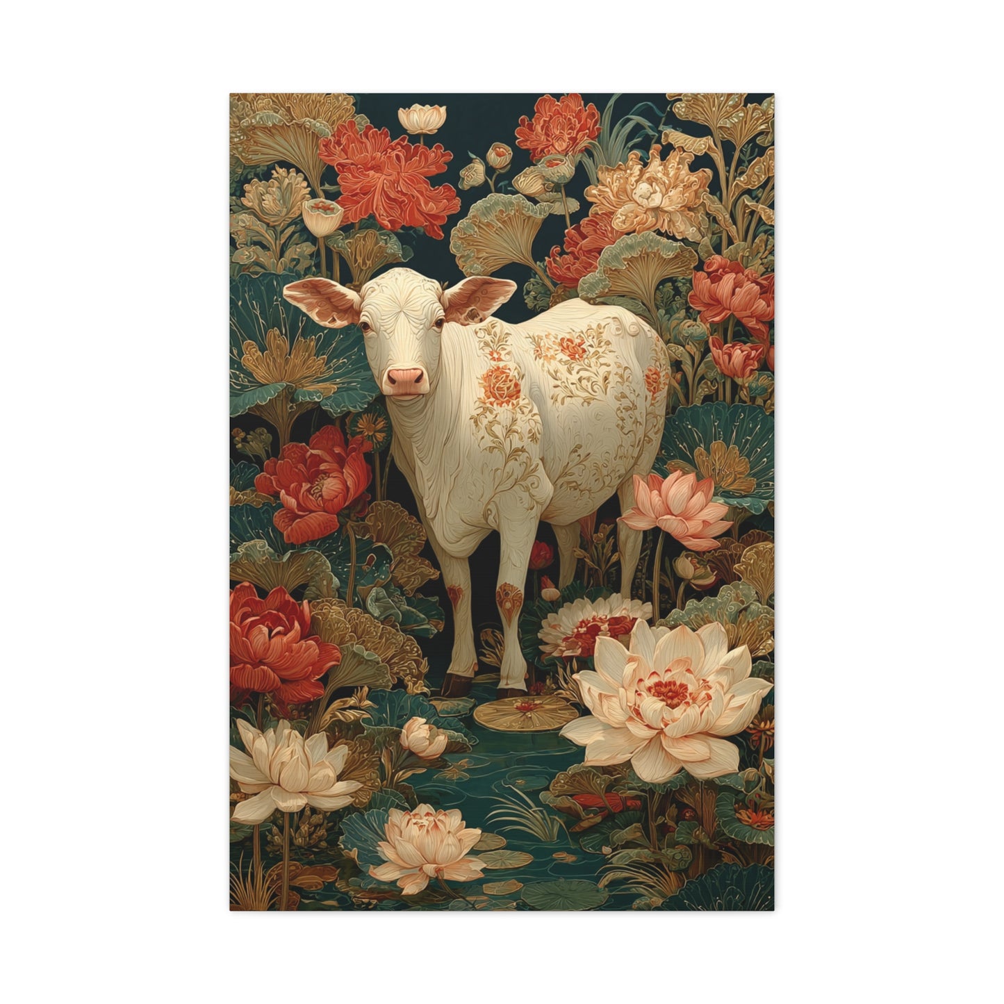 Pichwai White Cow Lotus Garden Wall Art & Canvas Print
