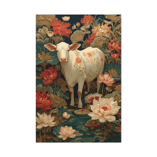 Pichwai White Cow Lotus Garden Wall Art & Canvas Print