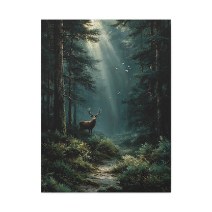 Sunlit Evergreen Forest Stag Wall Art & Canvas Print