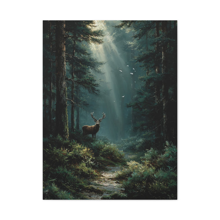 Sunlit Evergreen Forest Stag Wall Art & Canvas Print
