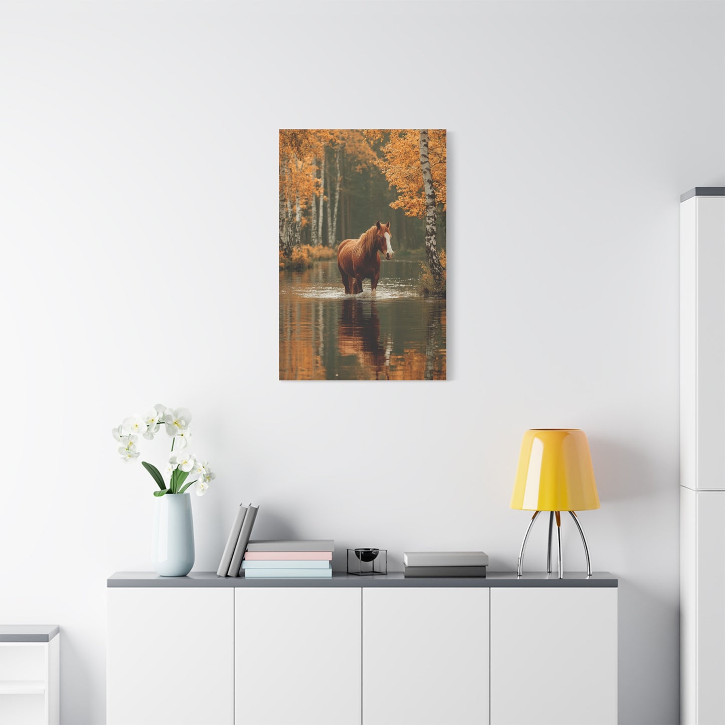 Autumn River Horse Reflection Wall Art & Canvas Print
