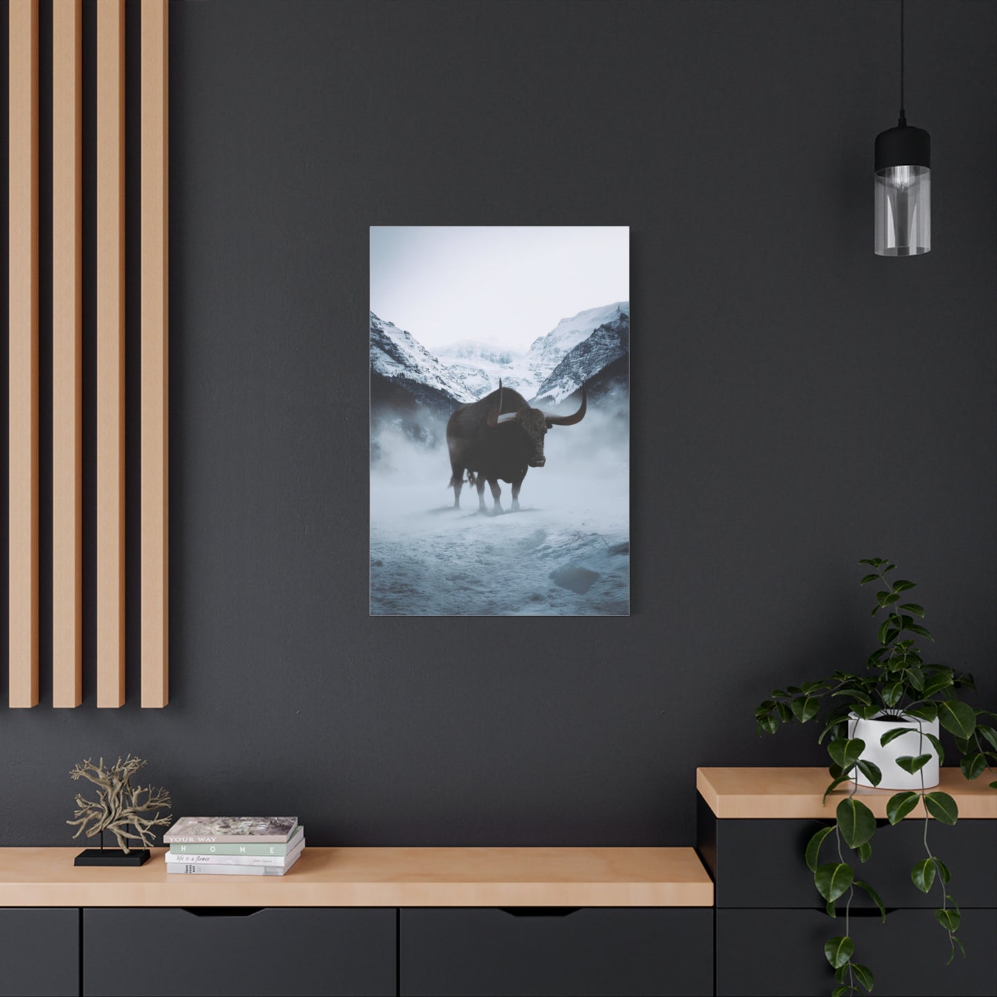 Lone Bull in Snowy Mountain Valley Wall Art & Canvas Print