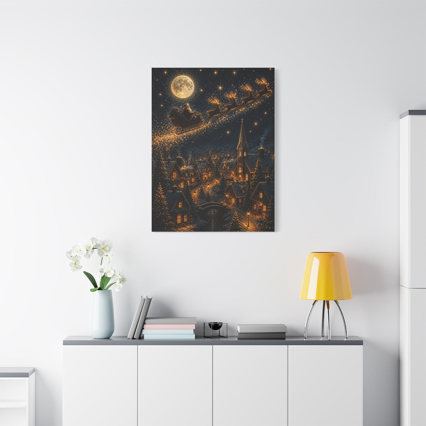 Moonlit Santa Sleigh Over Winter Village Wall Art & Canvas Print