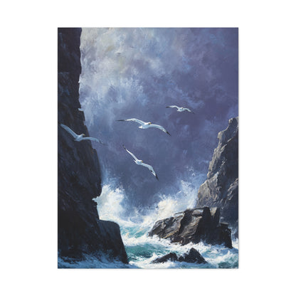 Seagulls Flying Above Crashing Coastal Waves Wall Art & Canvas Print