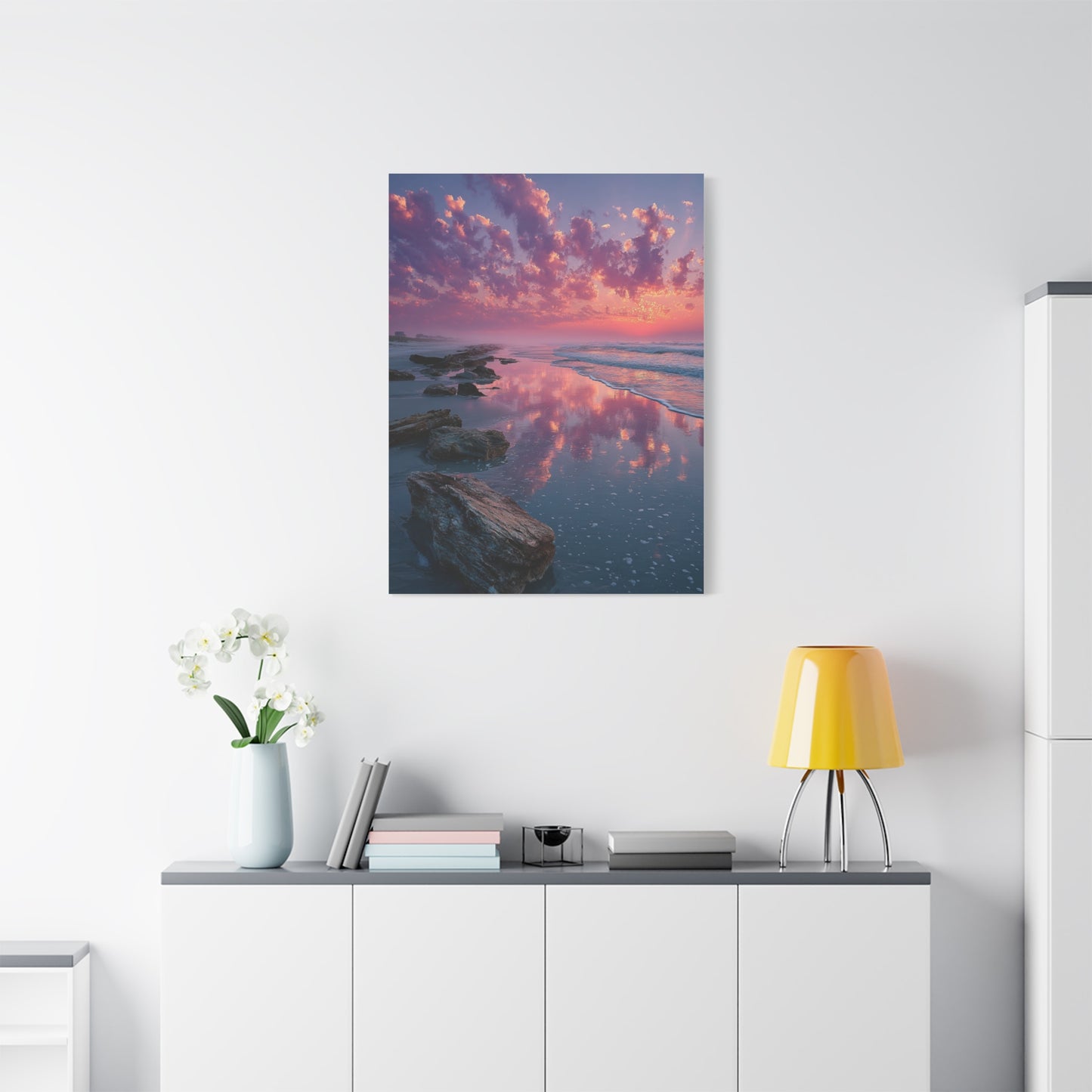 Sunrise Driftwood Shoreline Reflection Wall Art & Canvas Print