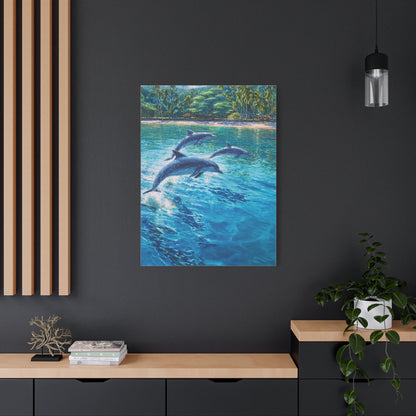 Dolphins Leaping Near Tropical Coastline Wall Art & Canvas Print