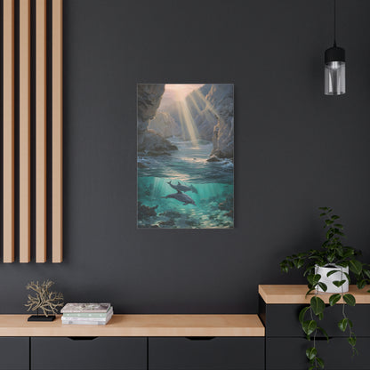 Dolphins Swimming Beneath Sunlit Coastal Waters Wall Art & Canvas Print