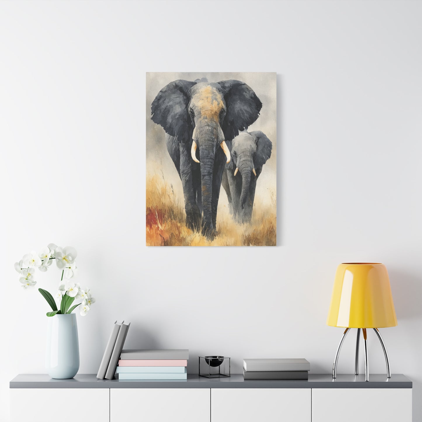 Mother and Calf Elephant Watercolor Wall Art & Canvas Print