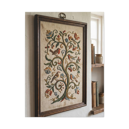 Framed Folk Tree Embroidery Study Wall Art & Canvas Print