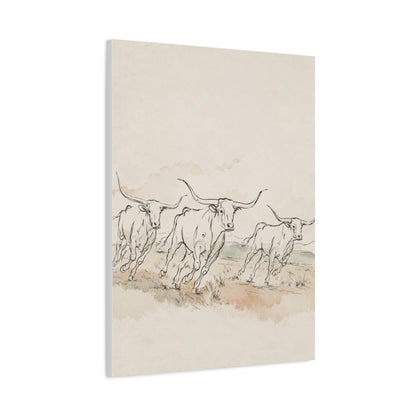 Running Longhorn Line Sketch Panorama Wall Art & Canvas Print