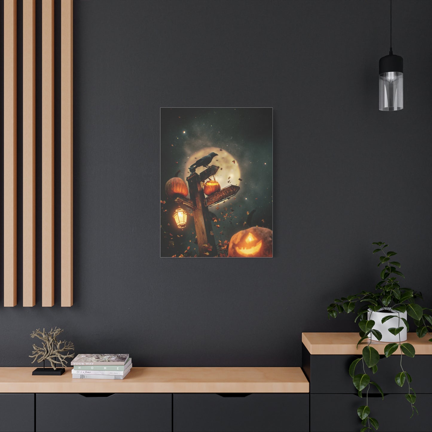 Crow on Pumpkin Signpost Under the Full Moon Wall Art & Canvas Print