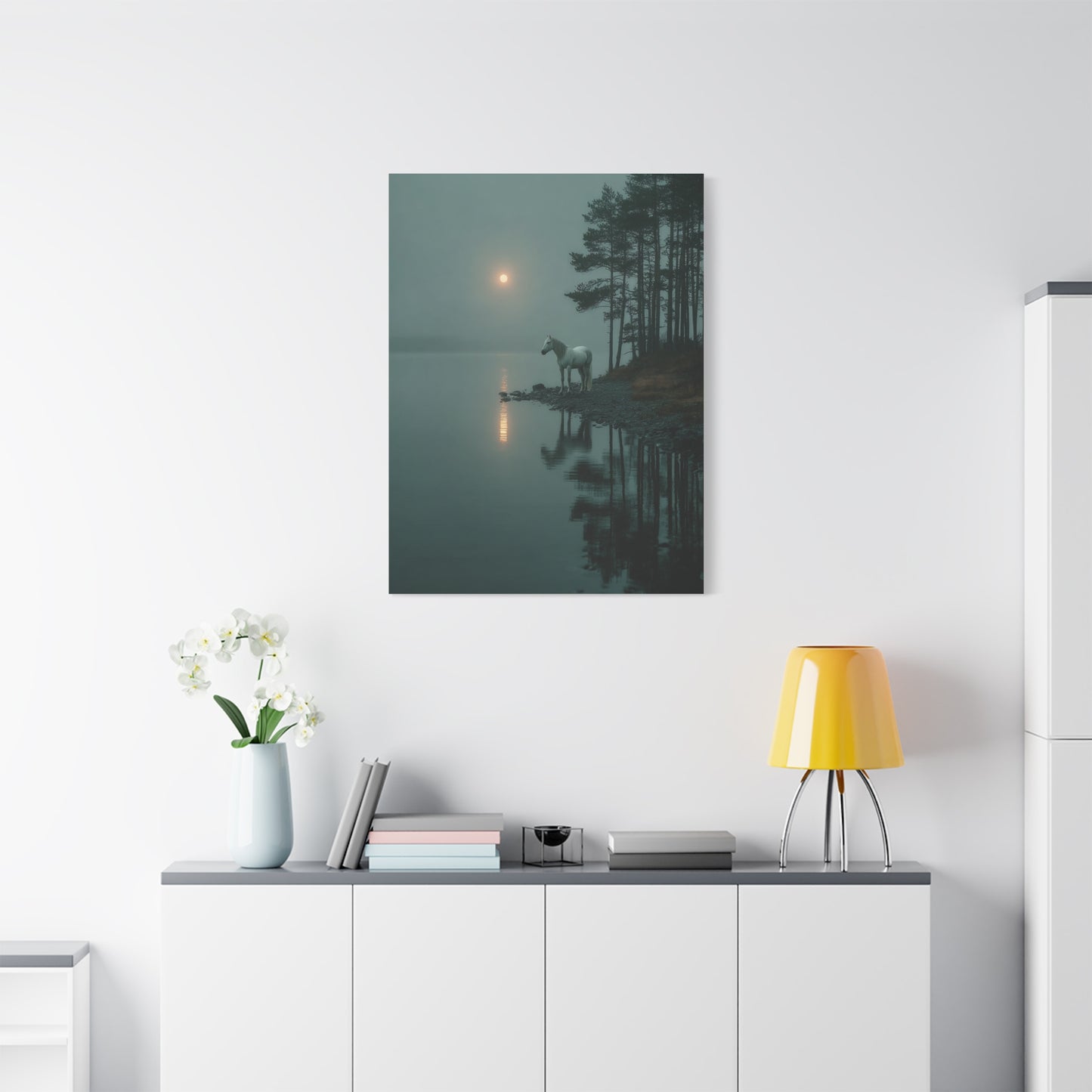 Gray Horse Moonlit Lake Wall Art & Canvas Print