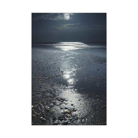 Moonlit Beach Reflections with Scattered Seashells Wall Art & Canvas Print