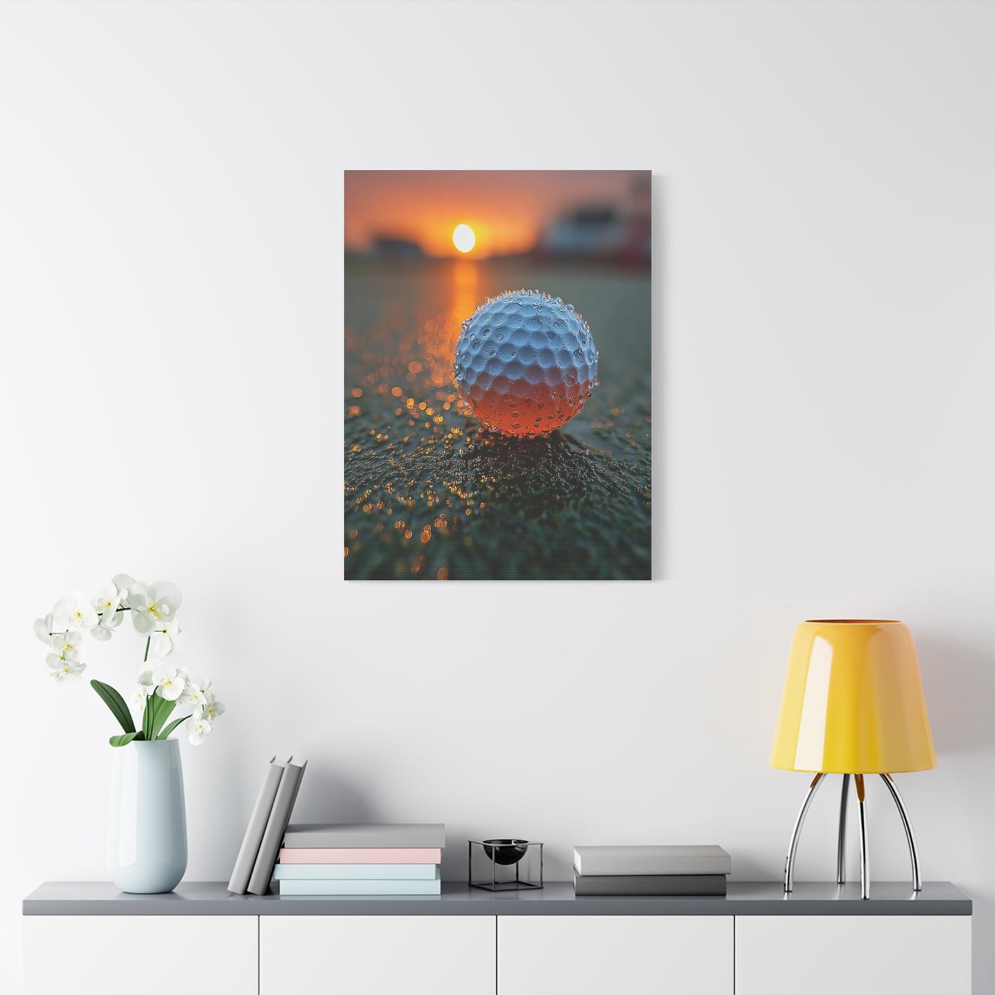 Dew-Covered Golf Ball Sunrise Macro Wall Art & Canvas Print