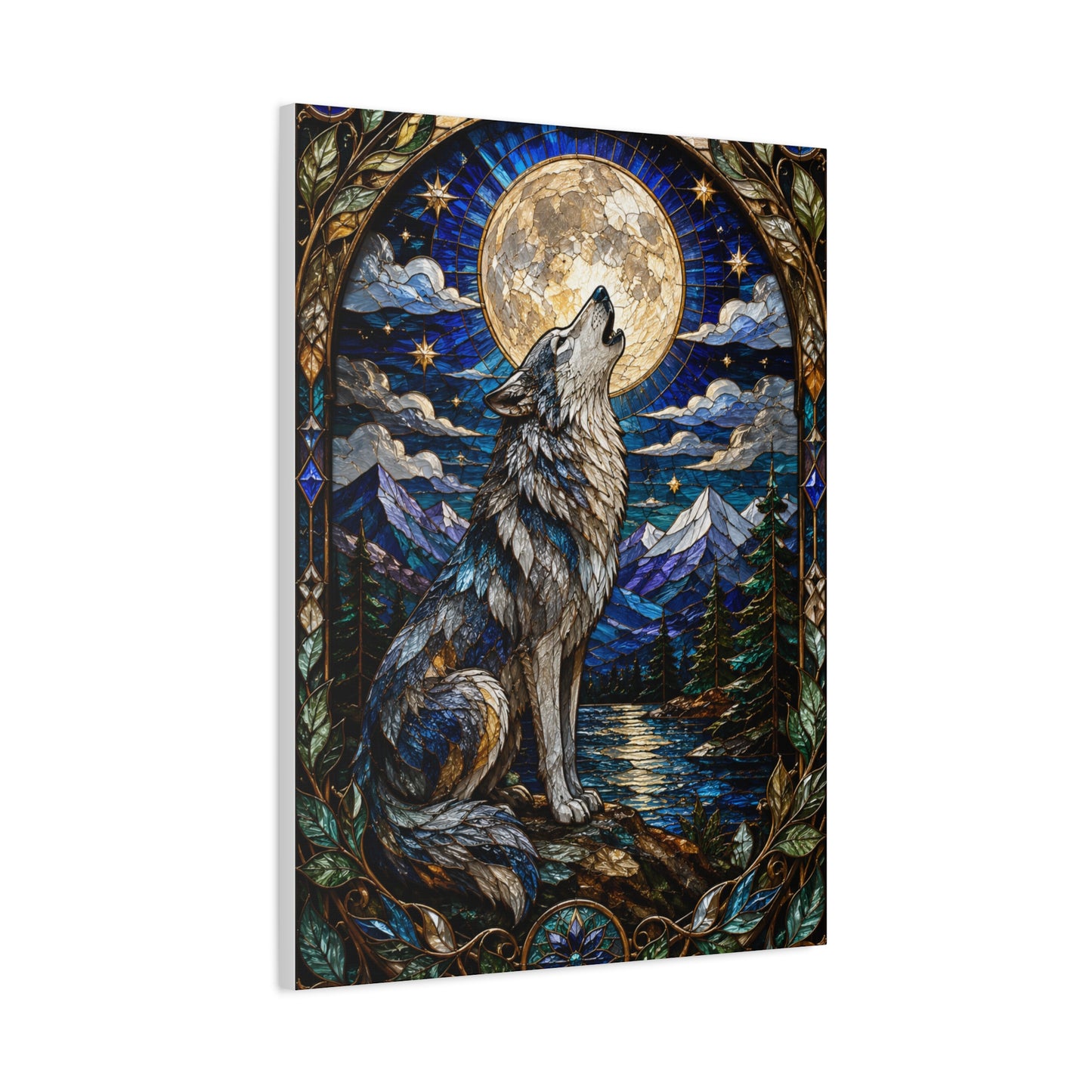Stained Glass Moonlit Wolf Landscape Wall Art & Canvas Print