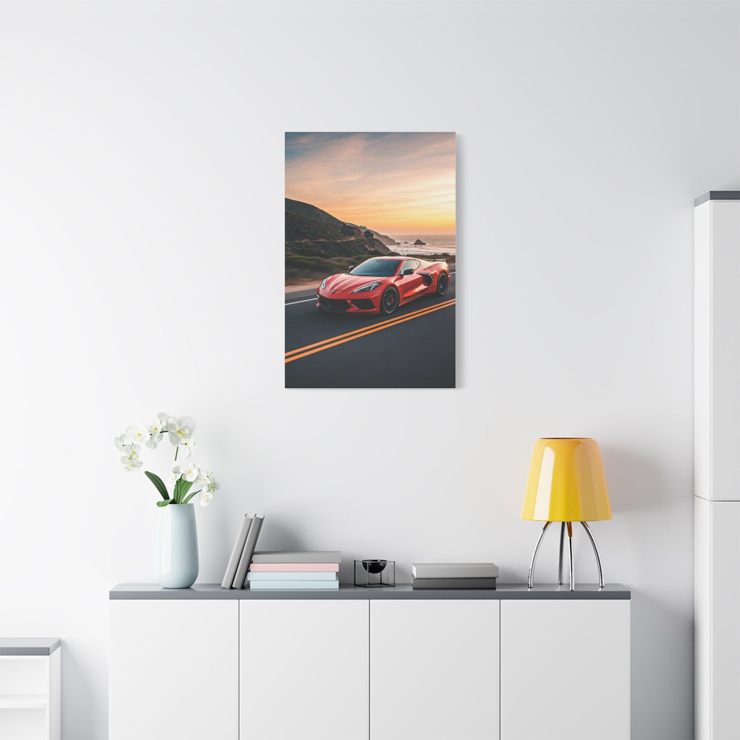 Chevrolet Corvette C8 Sunset Cliffside Drive Wall Art & Canvas Prints