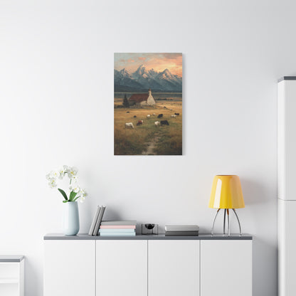 Rustic Mountain Farm Bulls & Cows Painting Wall Art & Canvas Print
