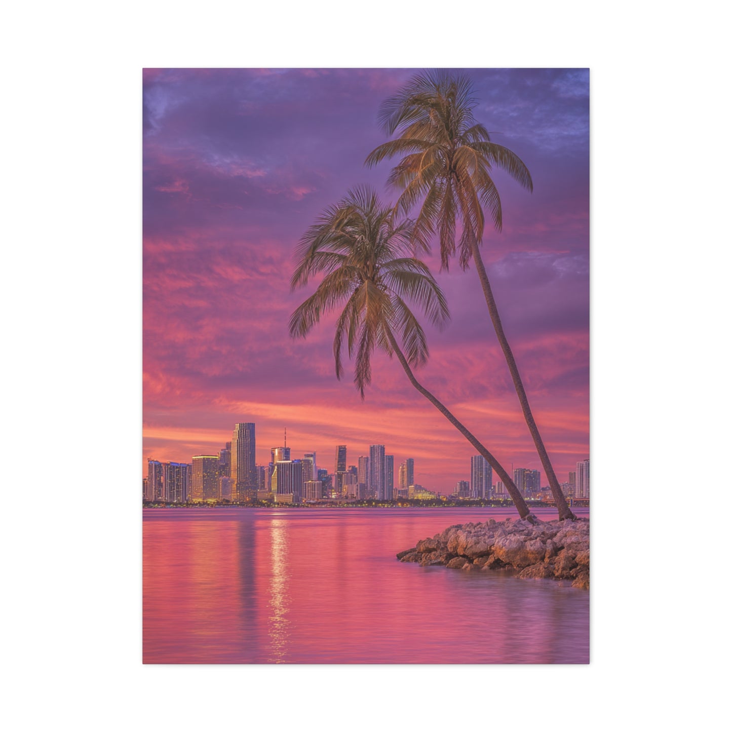 Miami Skyline Tropical Sunset With Palm Trees Wall Art & Canvas Print