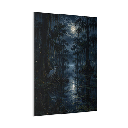 Moonlit Bayou Heron Scene Wall Art & Canvas Print