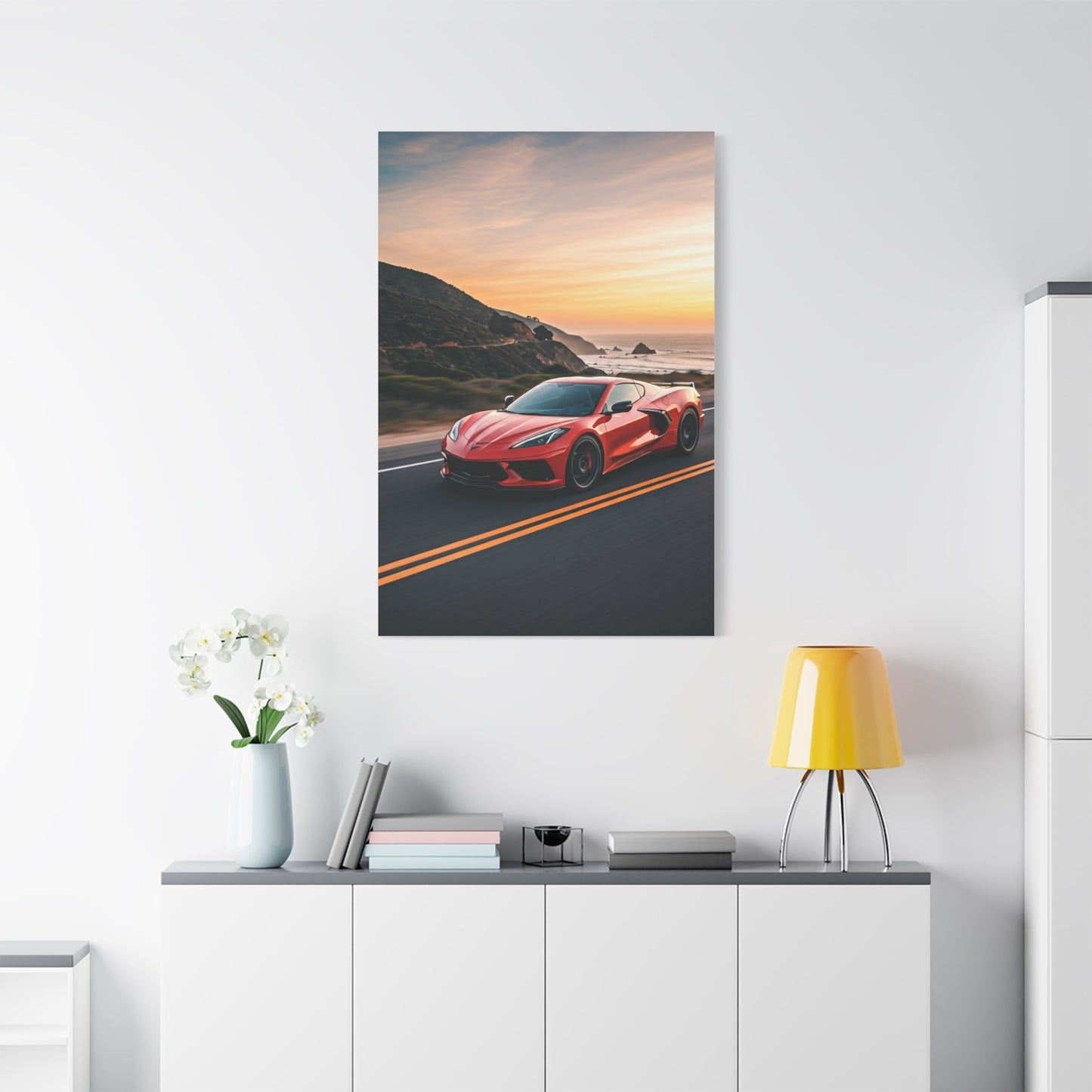 Chevrolet Corvette C8 Sunset Cliffside Drive Wall Art & Canvas Prints