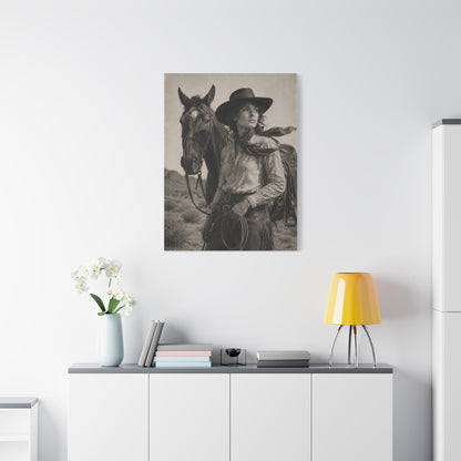 Black & White Cowgirl Portrait with Horse Wall Art & Canvas Print