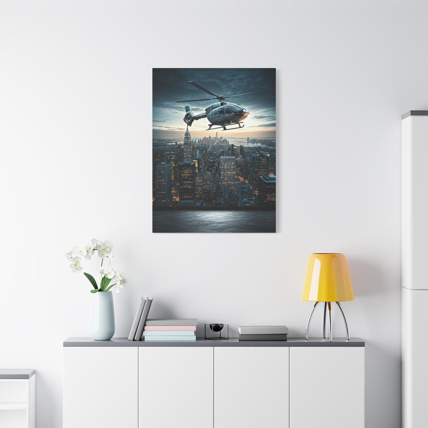 City Skyline Helicopter Patrol Wall Art & Canvas Prints