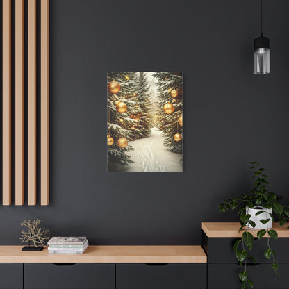Snowy Pine Path With Golden Christmas Ornaments Wall Art & Canvas Print