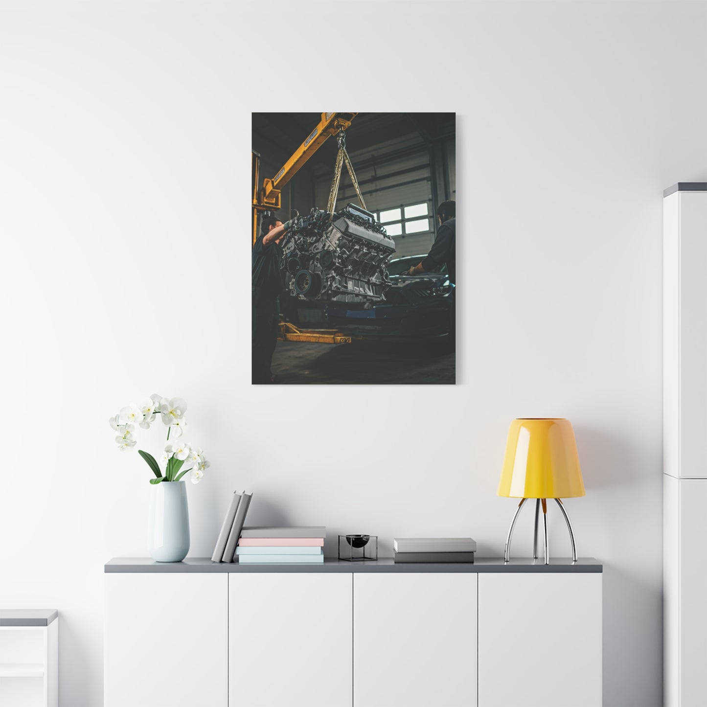 Ford Mustang Shelby GT350 Engine Installation Scene Wall Art & Canvas Prints