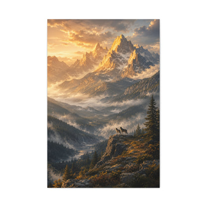 Golden Mountain Valley Wolf Pair Landscape Wall Art & Canvas Print