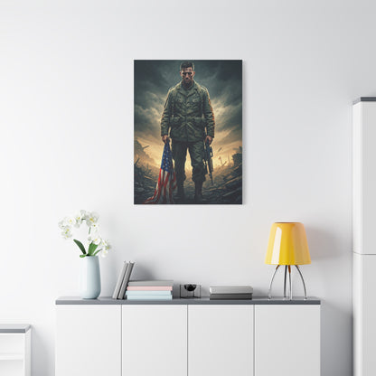 Soldier Standing With Flag of Courage Wall Art & Canvas Prints