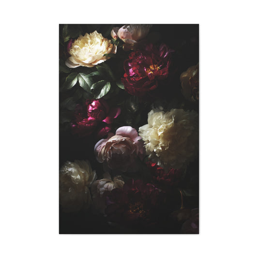 Luminous Peonies on Dark Background Wall Art & Canvas Print