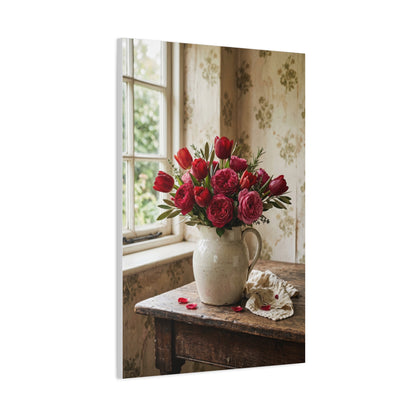 English Cottage Red Tulip Still Life Wall Art & Canvas Print