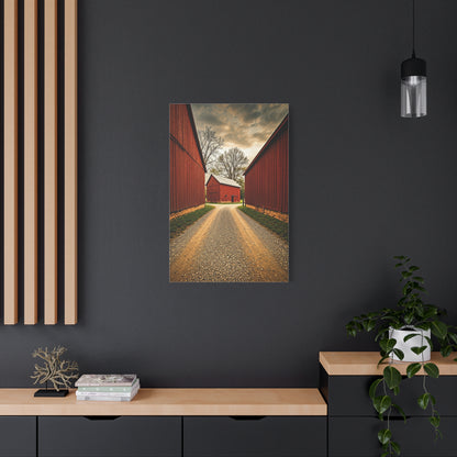 Country Lane Between Red Barns Wall Art & Canvas Prints