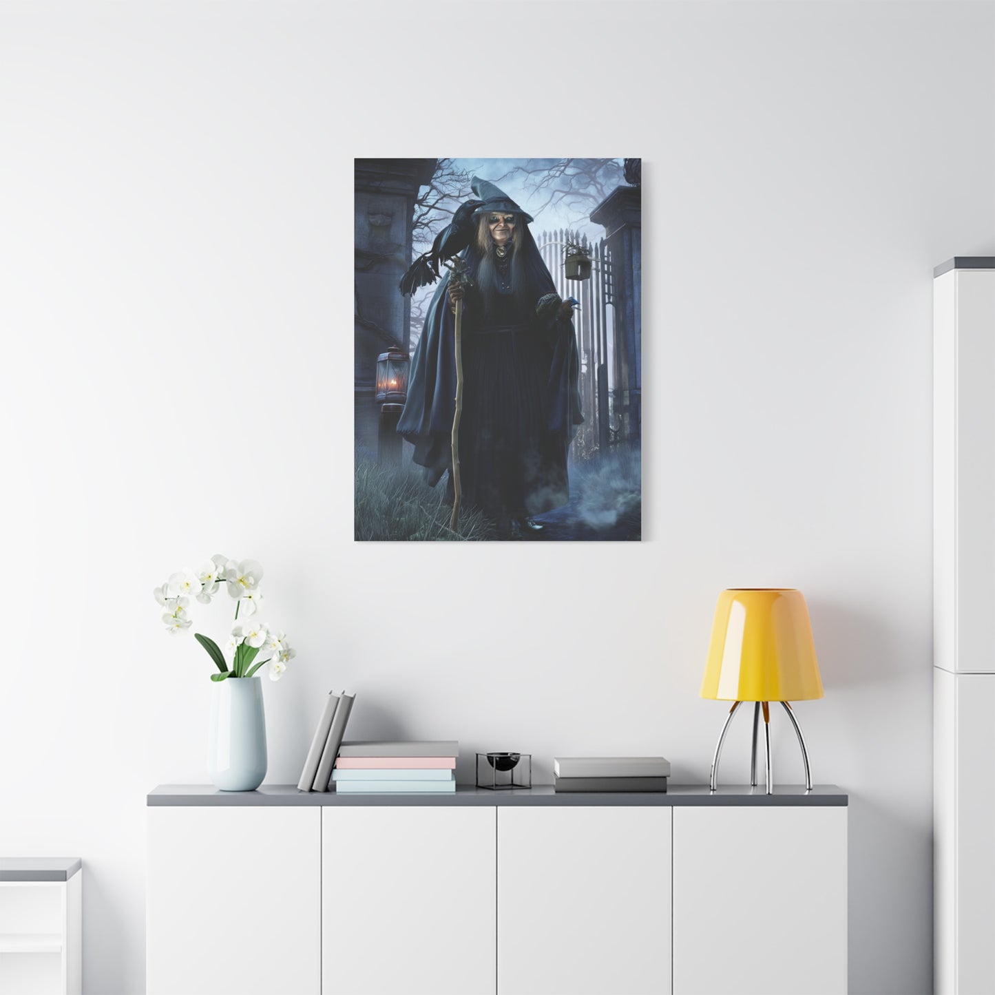 Witch with Raven at the Moonlit Cemetery Gate Wall Art & Canvas Print