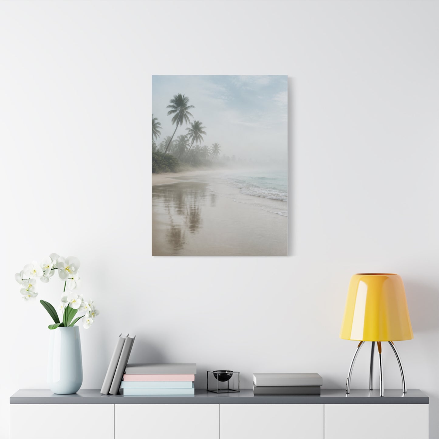 Misty Coastal Palm Shoreline Minimal Tropical Wall Art & Canvas Print