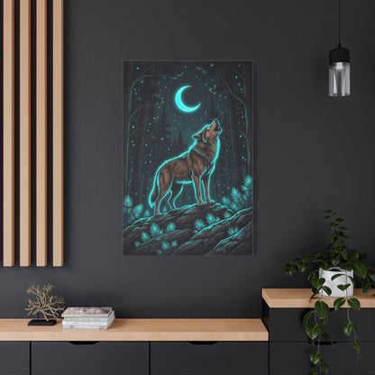 Moonlit Forest Wolf Neon Outline Scene Wall Art & Canvas Print