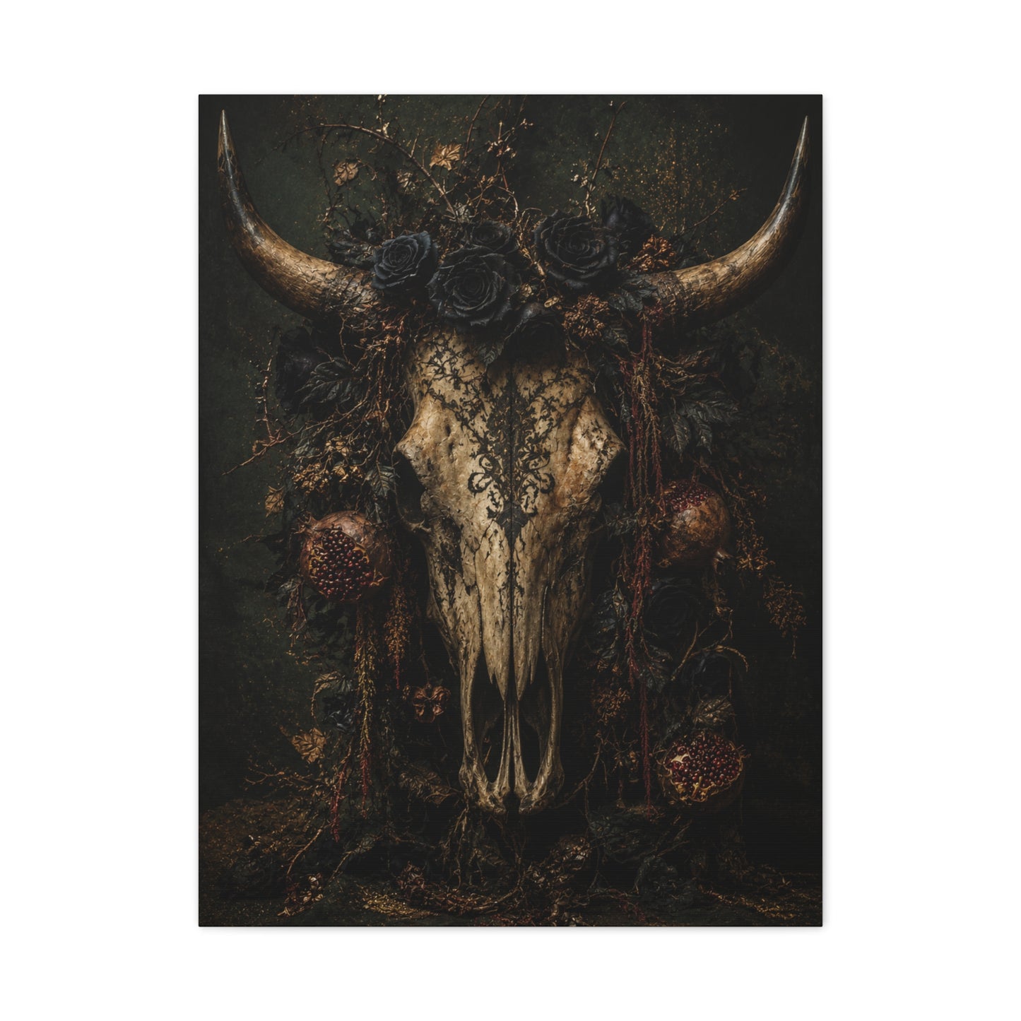 Dark Floral Longhorn Skull Statement Wall Art & Canvas Print