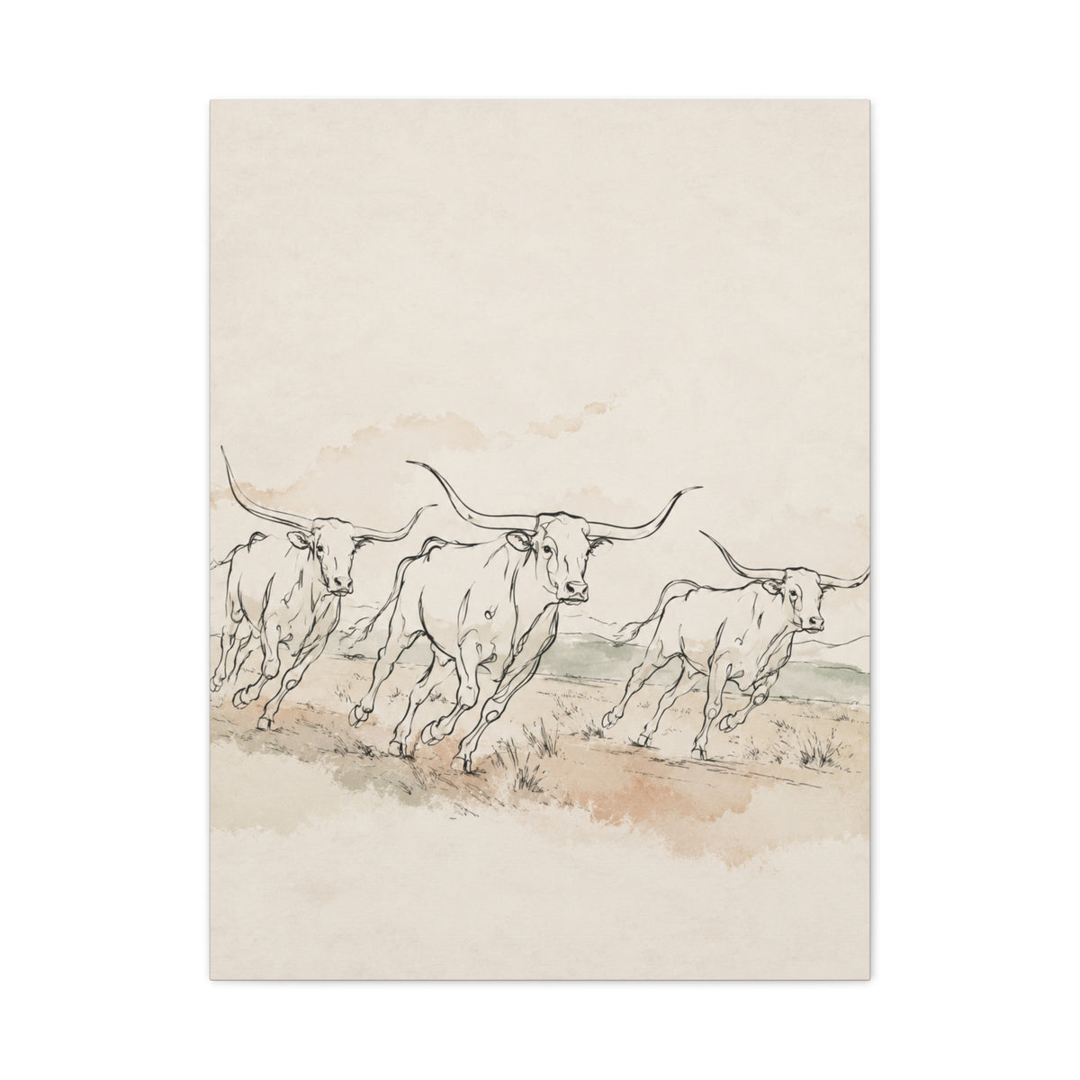 Running Longhorn Line Sketch Panorama Wall Art & Canvas Print