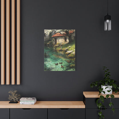 Spring Farmhouse Stream Scene Wall Art & Canvas Print
