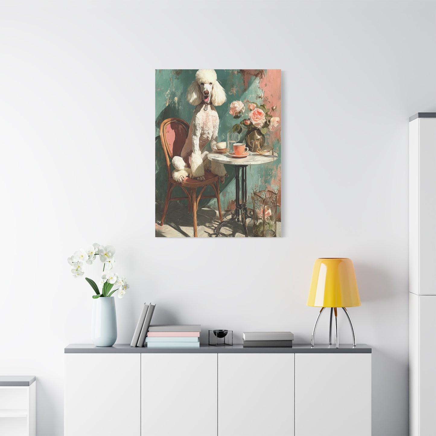 Paris Café Poodle with Roses Wall Art & Canvas Print