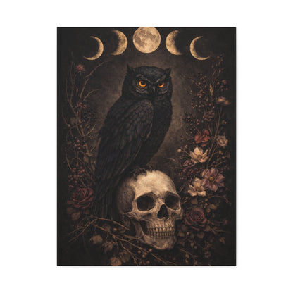 Gothic Moon Phase Owl Skull Wall Art & Canvas Print